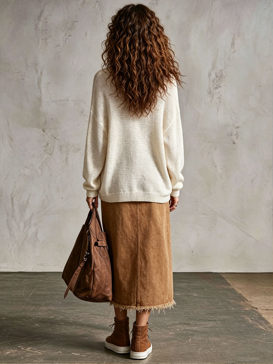 Western Retro Camel Denim Frayed Slit Skirt