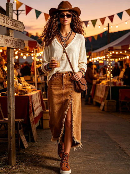 Western Retro Camel Denim Frayed Slit Skirt