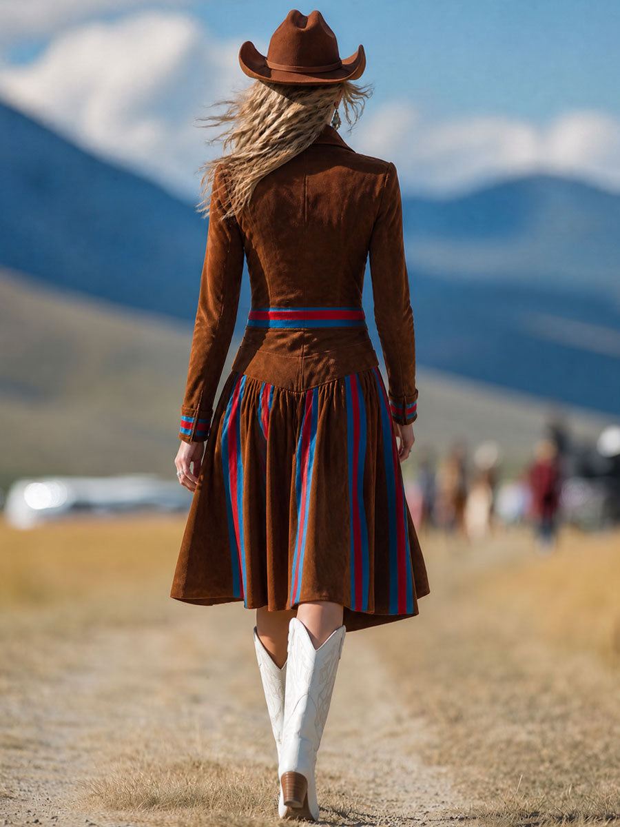 Western-style Retro Striped Dark Brown Faux Suede Long-sleeved Midi Dress