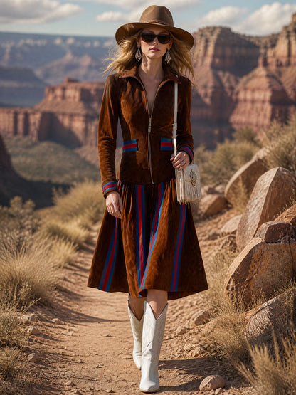 Western-style Retro Striped Dark Brown Faux Suede Long-sleeved Midi Dress