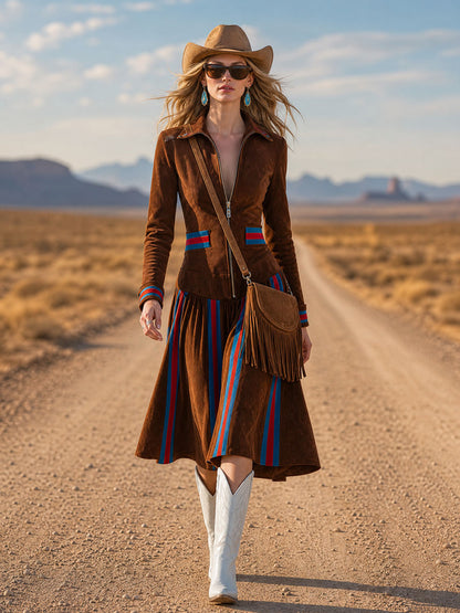 Western-style Retro Striped Dark Brown Faux Suede Long-sleeved Midi Dress