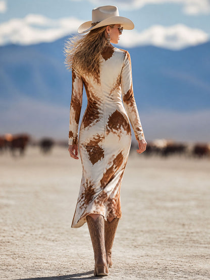 Western Retro Cow Print Faux Suede Brown Long-Sleeved Midi Dress