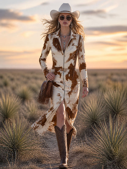 Western Retro Cow Print Faux Suede Brown Long-Sleeved Midi Dress