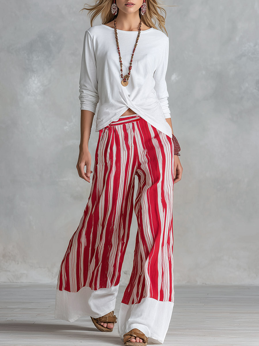 Casual Everyday White Top and Red Striped Wide-Leg Pants Cotton Set