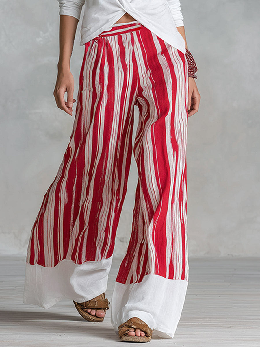 Casual Everyday White Top and Red Striped Wide-Leg Pants Cotton Set