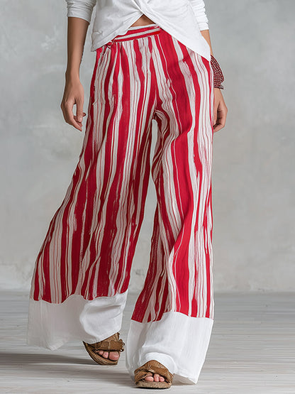Casual Everyday White Top and Red Striped Wide-Leg Pants Cotton Set