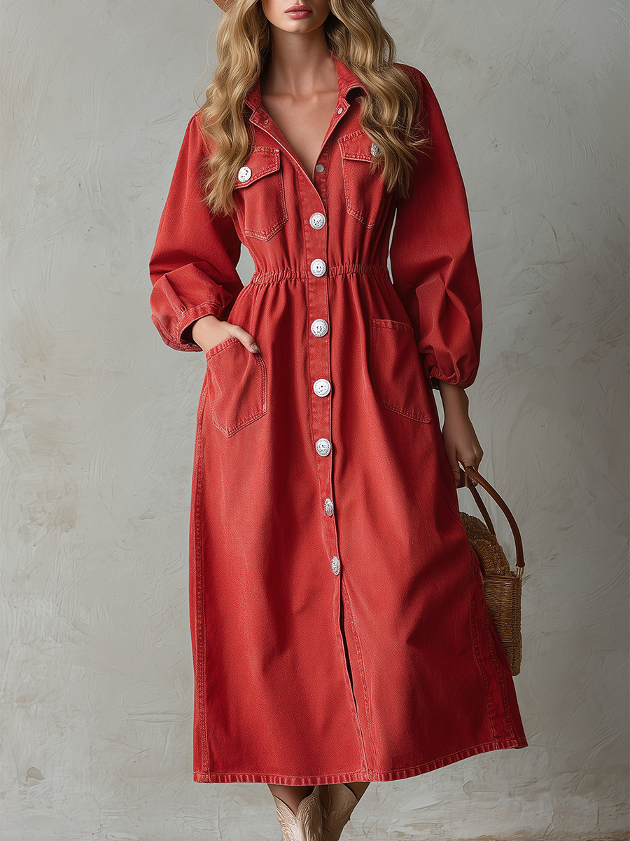 Western Vintage Decorative-button Denim Maxi Dress