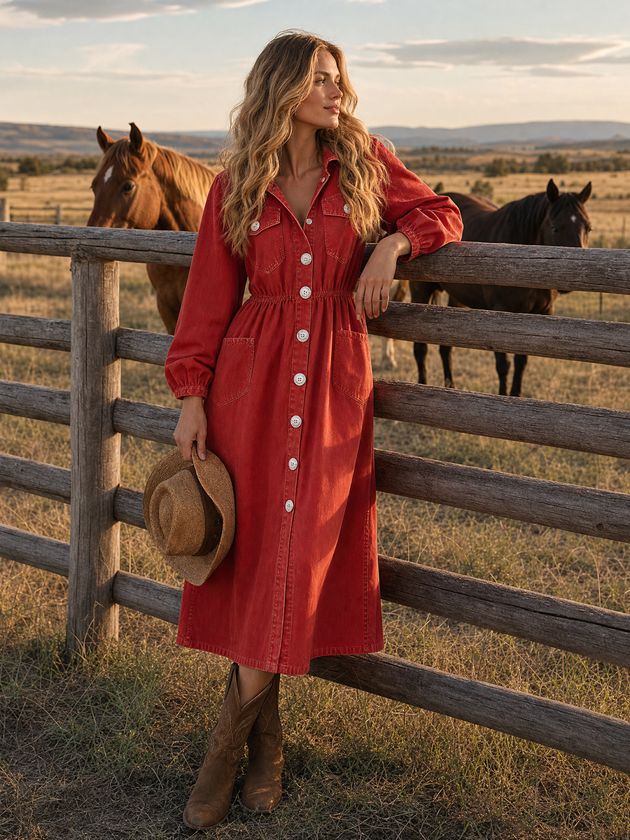 Western Vintage Decorative-button Denim Maxi Dress