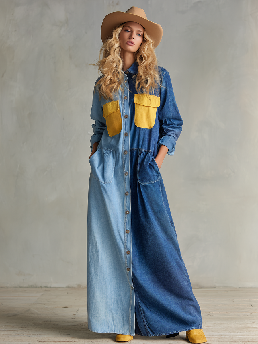 American Vintage Tri-color Contrast Denim Maxi Dress – OYROSY