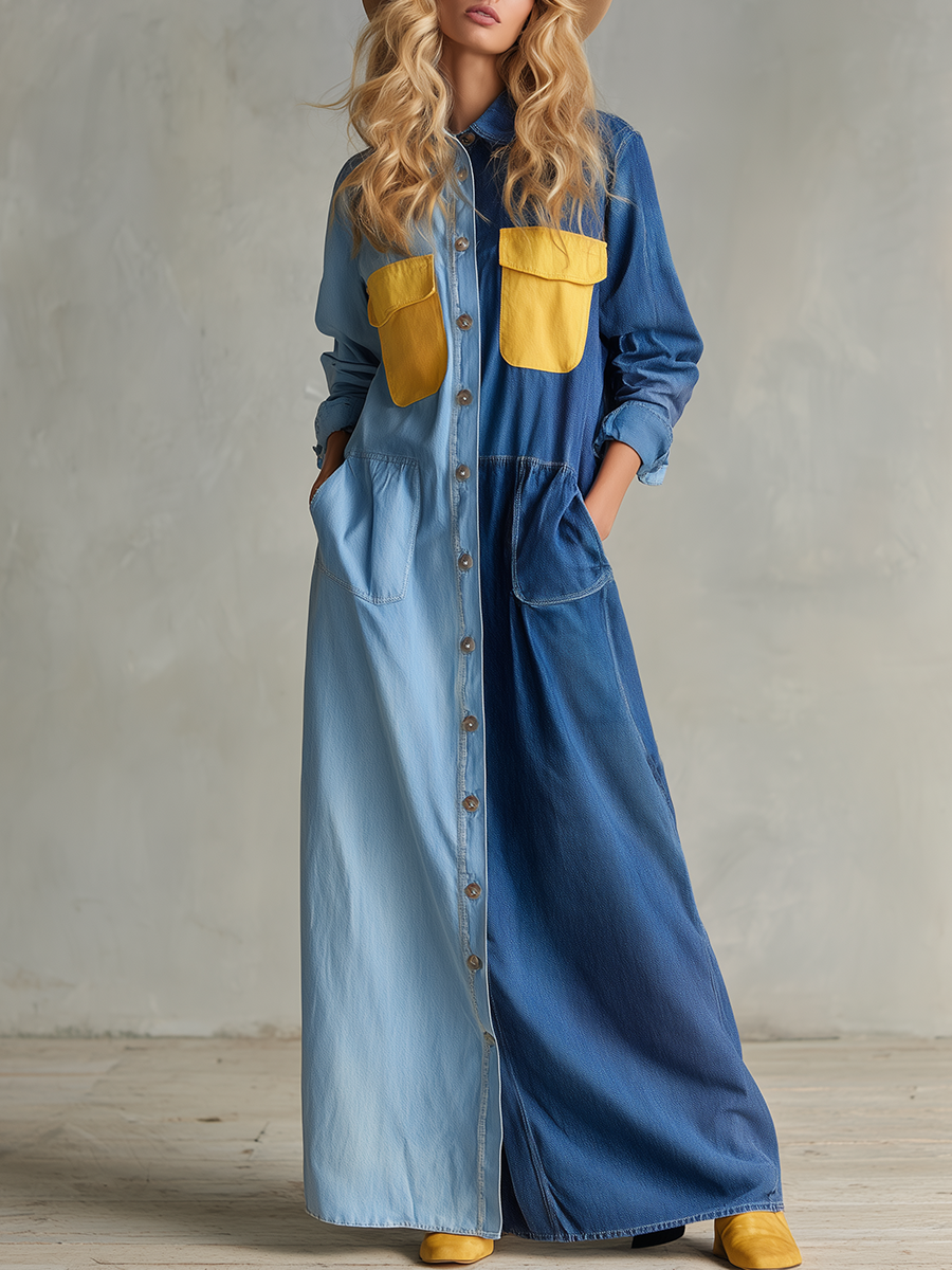 American Vintage Tri-color Contrast Denim Maxi Dress