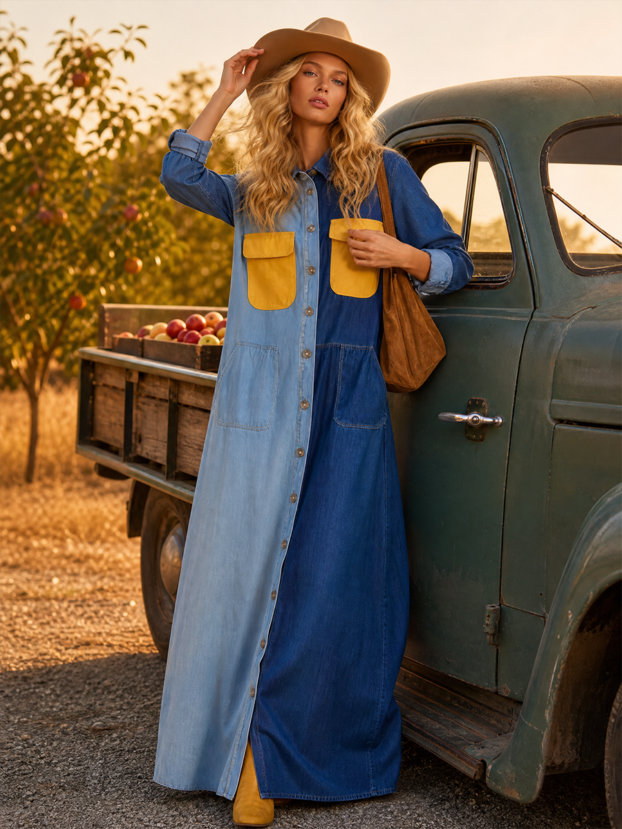 American Vintage Tri-color Contrast Denim Maxi Dress
