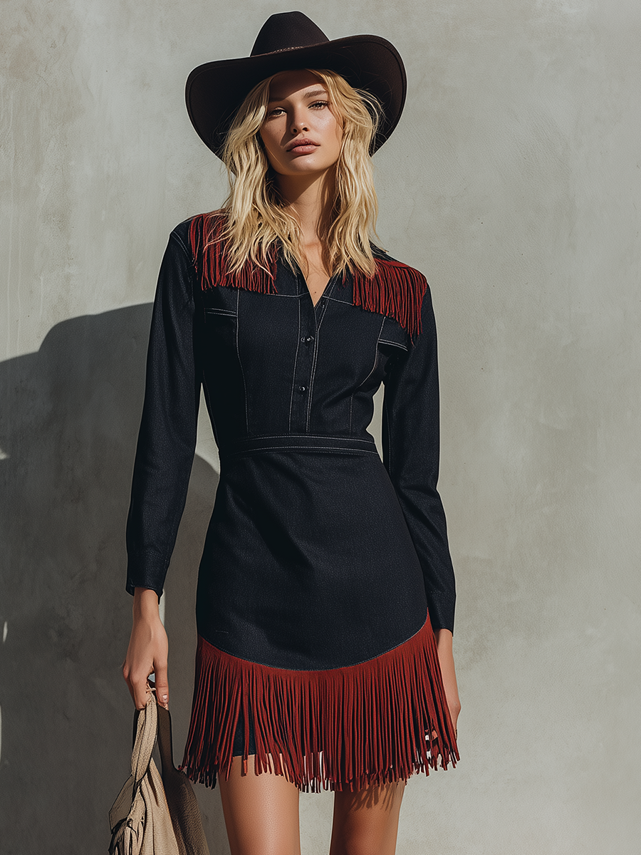 Western Denim Dress With Red Shoulder And Hem Fringe