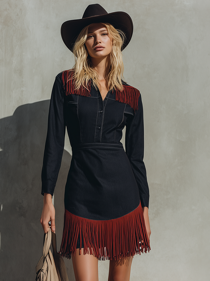 Western Denim Dress With Red Shoulder And Hem Fringe