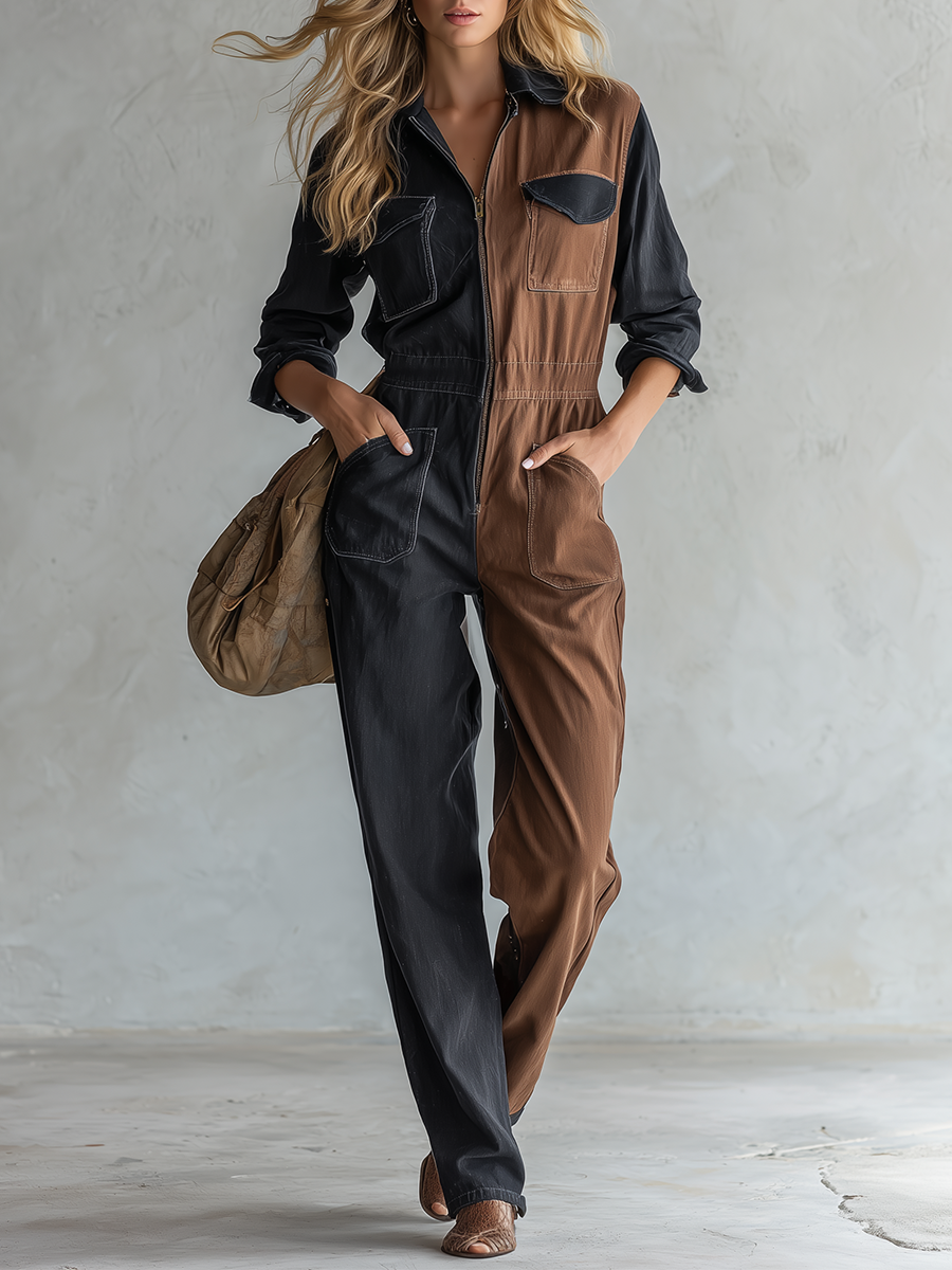 Western Vintage Zip-front Black-and-brown Contrast Denim Jumpsuit