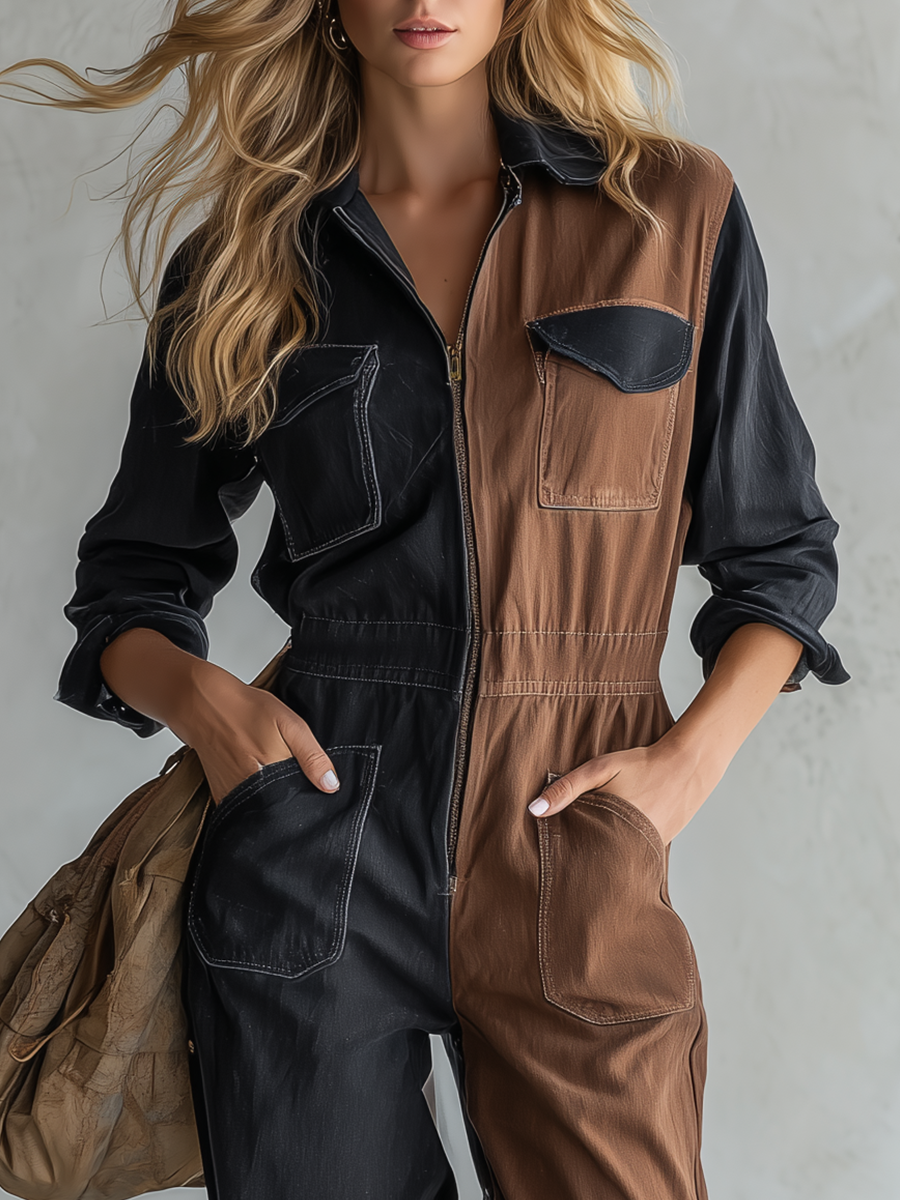 Western Vintage Zip-front Black-and-brown Contrast Denim Jumpsuit