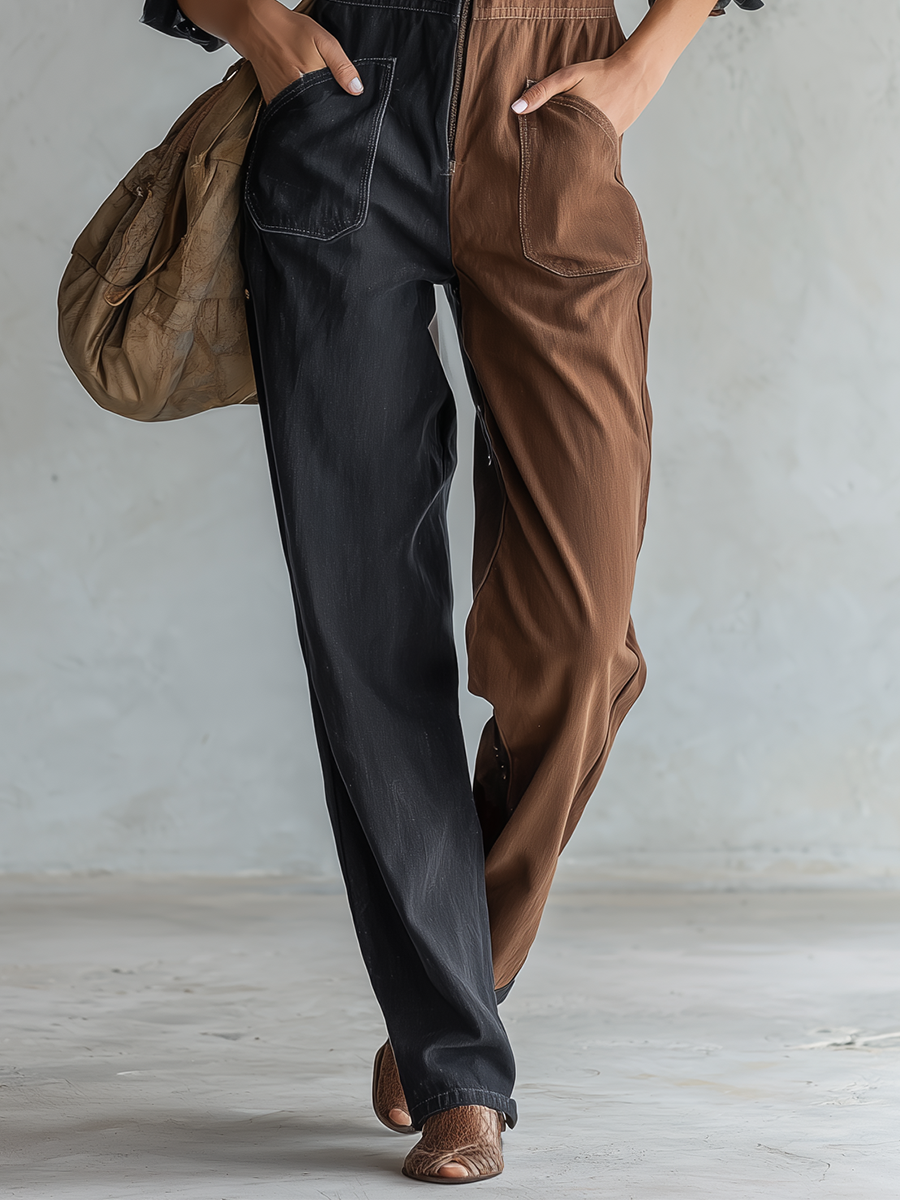 Western Vintage Zip-front Black-and-brown Contrast Denim Jumpsuit