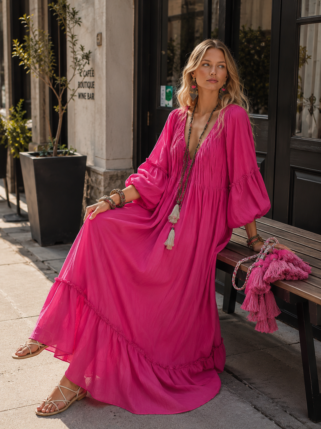 Vintage-Chic Bohemian Rose-Red V-Neck Cotton-Linen Maxi Dress