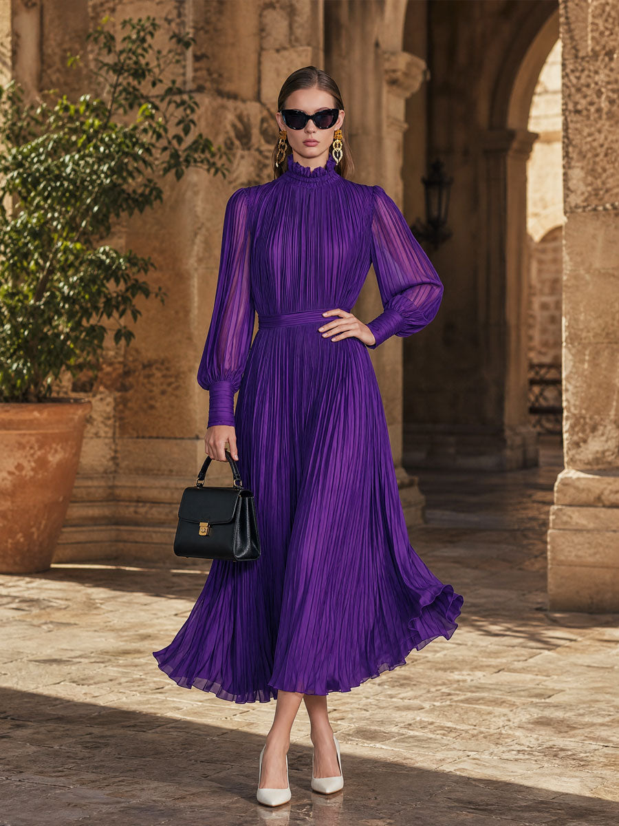 Vintage-style Purple Chiffon Pleated Long-sleeved Maxi Dress