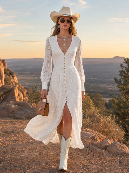 Western-style Vintage White Lace Long-sleeved Maxi Dress