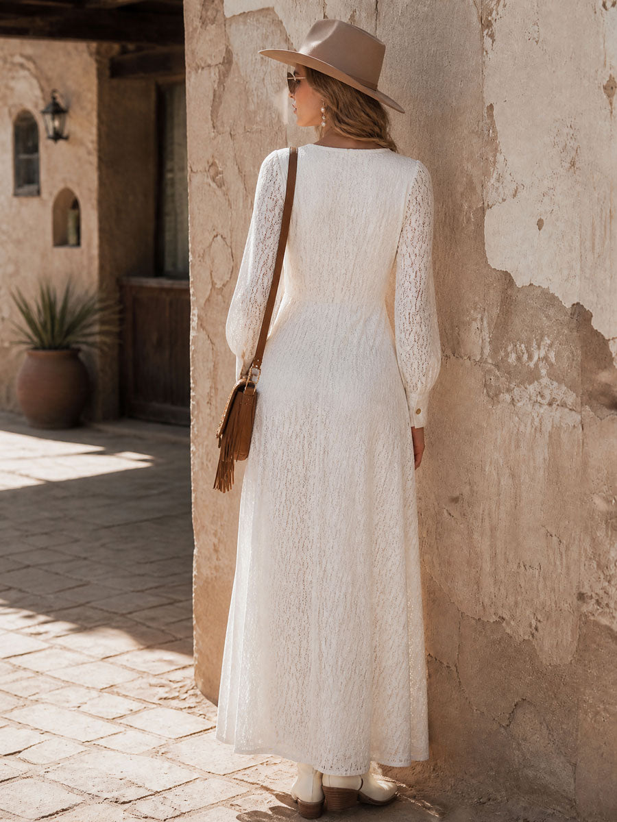 Western-style Vintage White Lace Long-sleeved Maxi Dress