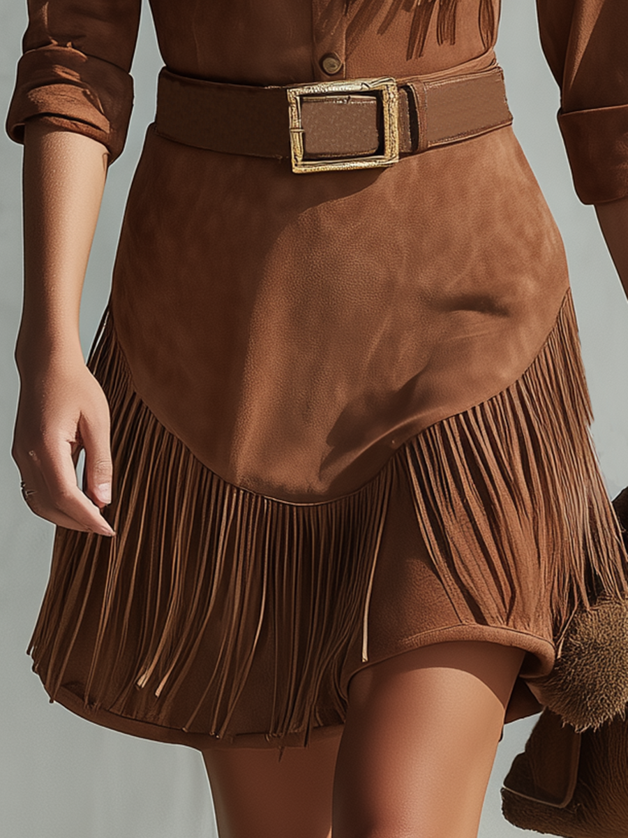Retro-chic Western-style Faux Suede Fringe Dress