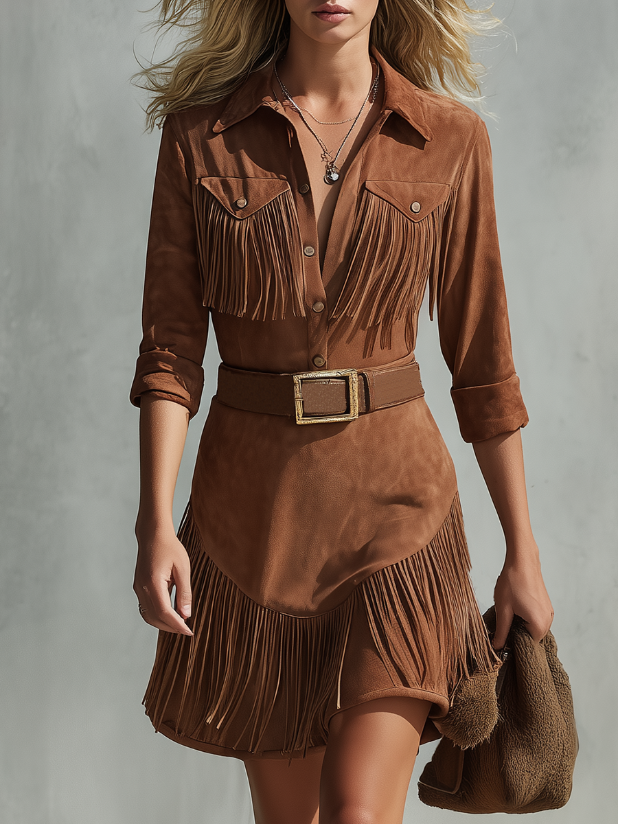 Retro-chic Western-style Faux Suede Fringe Dress