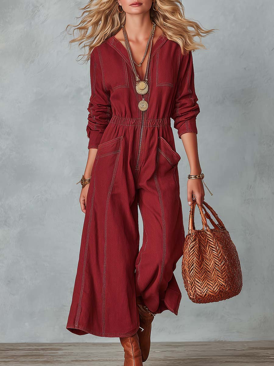 Western Burgundy Denim Zip-Front Long-Sleeve Wide-Leg Jumpsuit With Pockets
