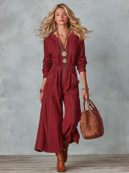 Western Burgundy Denim Zip-Front Long-Sleeve Wide-Leg Jumpsuit With Pockets