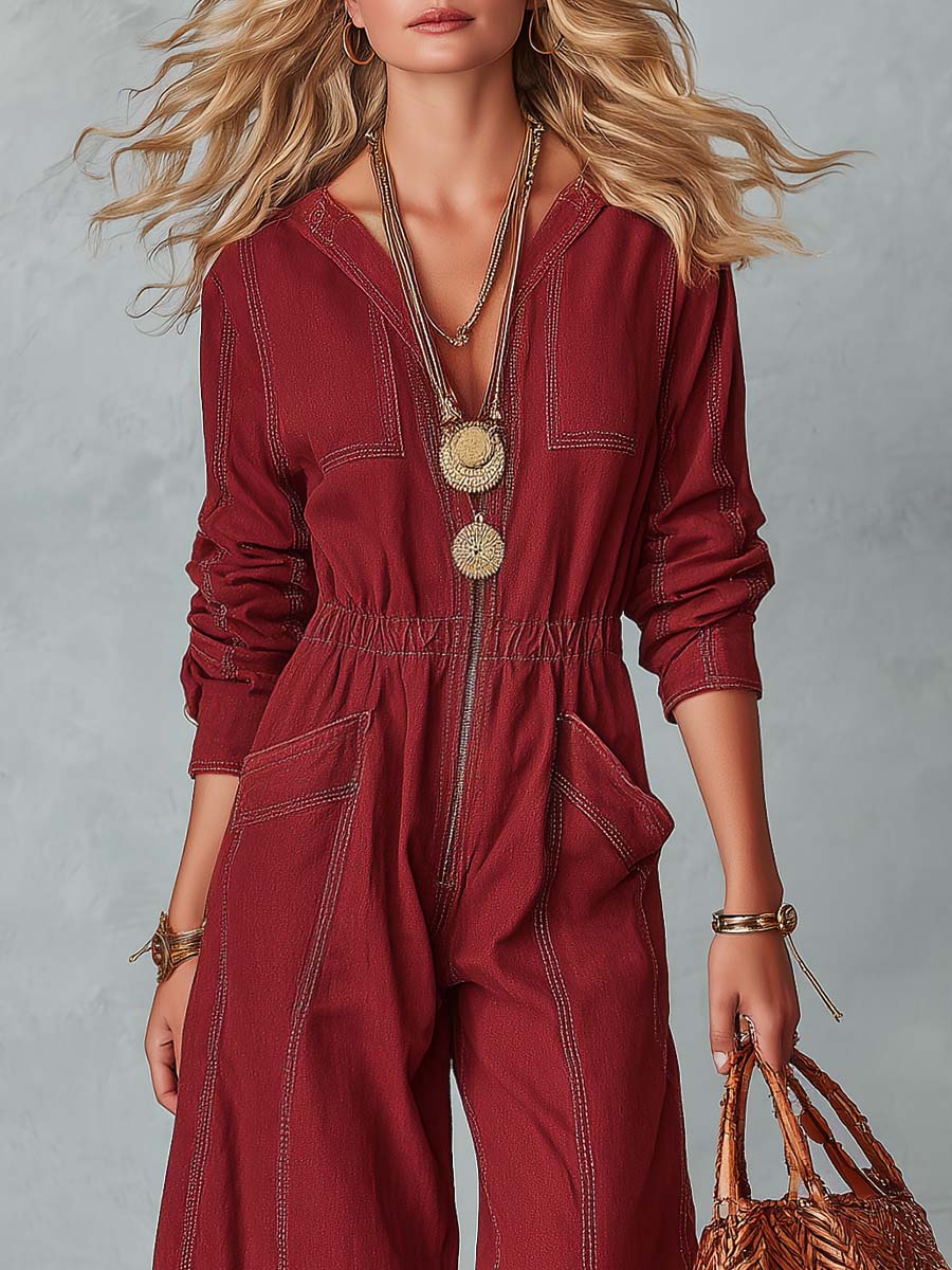 Western Burgundy Denim Zip-Front Long-Sleeve Wide-Leg Jumpsuit With Pockets
