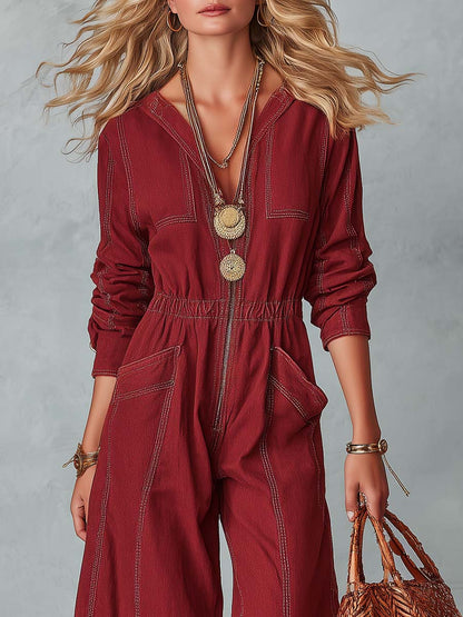 Western Burgundy Denim Zip-Front Long-Sleeve Wide-Leg Jumpsuit With Pockets