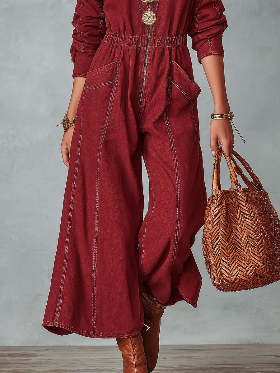 Western Burgundy Denim Zip-Front Long-Sleeve Wide-Leg Jumpsuit With Pockets
