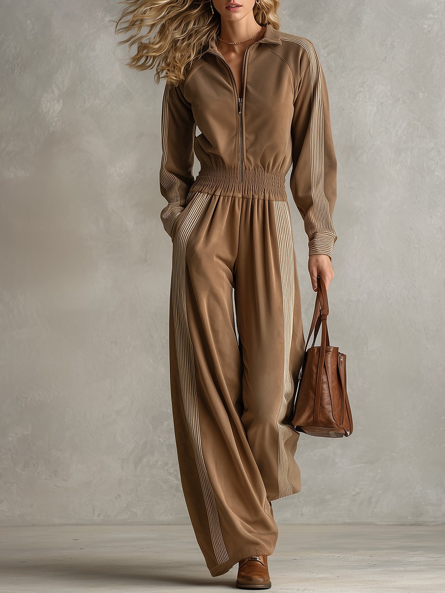 Retro-casual Elegant Western-style Cotton-blend Striped Patchwork Jumpsuit