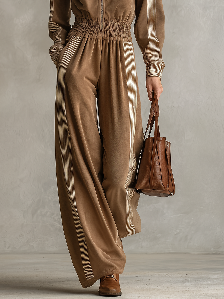 Retro-casual Elegant Western-style Cotton-blend Striped Patchwork Jumpsuit