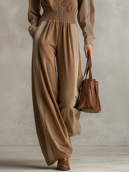 Retro-casual Elegant Western-style Cotton-blend Striped Patchwork Jumpsuit