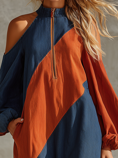Retro Contrast-color Diagonal-paneled Off-shoulder Puff-sleeve Loose Long Denim Dress