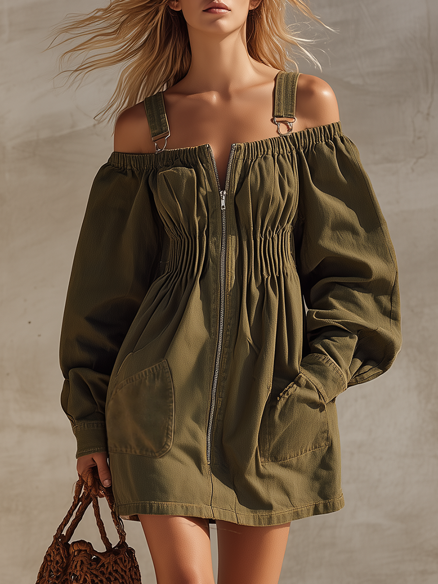 Retro Workwear Off-shoulder Zip Ruched Belted A-line Denim Dress