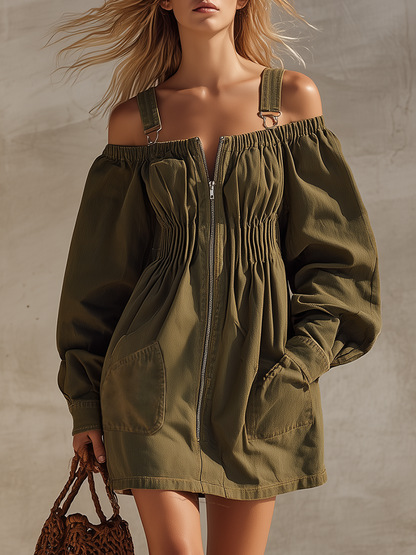 Retro Workwear Off-shoulder Zip Ruched Belted A-line Denim Dress