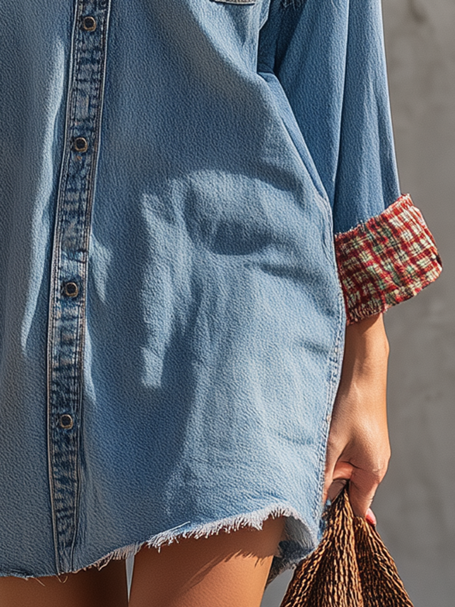 American-style Lapel Plaid Cuffed Big-pocket Distressed Denim Dress