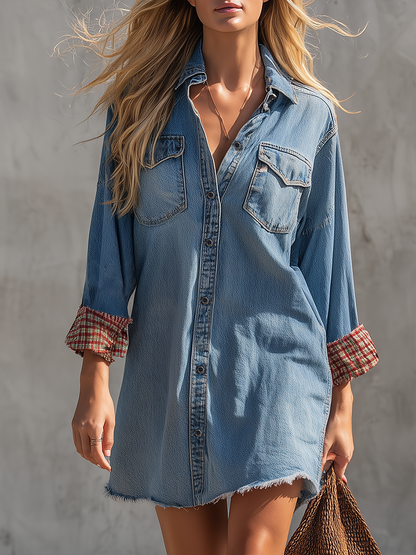 American-style Lapel Plaid Cuffed Big-pocket Distressed Denim Dress