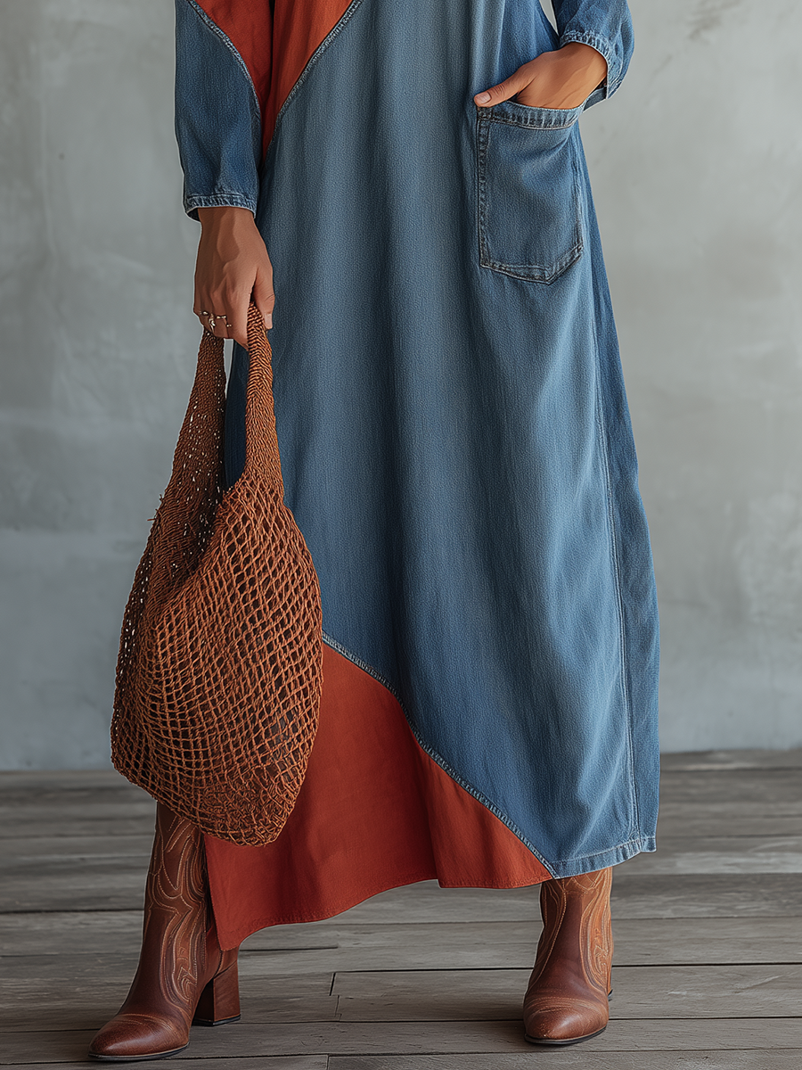Western-style Stand-collar Zip Off-shoulder Contrast-color Diagonal-paneled Denim Dress