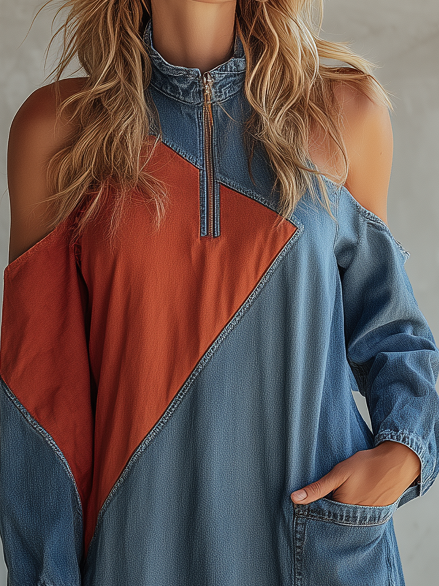Western-style Stand-collar Zip Off-shoulder Contrast-color Diagonal-paneled Denim Dress