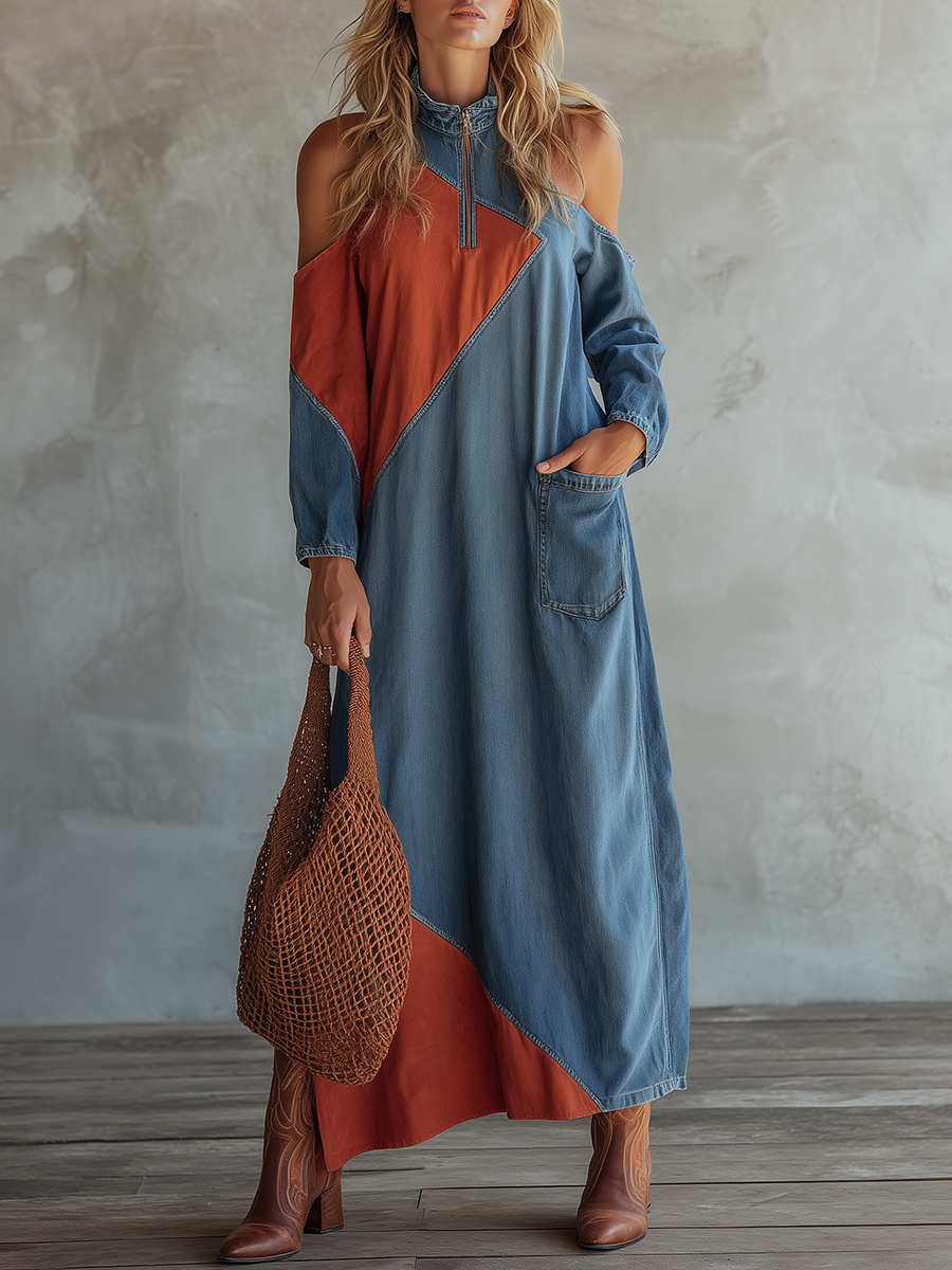 Western-style Stand-collar Zip Off-shoulder Contrast-color Diagonal-paneled Denim Dress