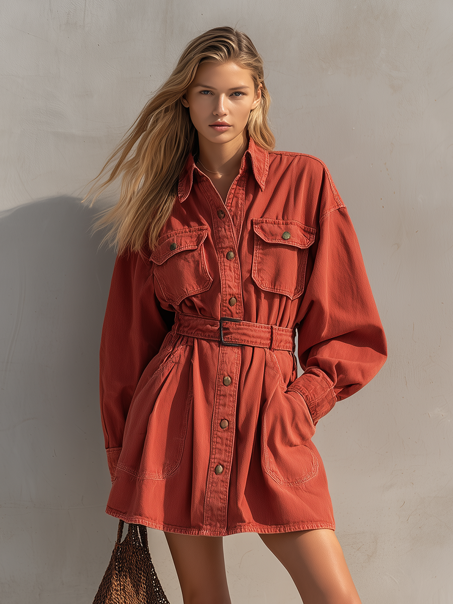 Retro American-style Lapel Button-front Lace-up Belted Workwear Denim Dress
