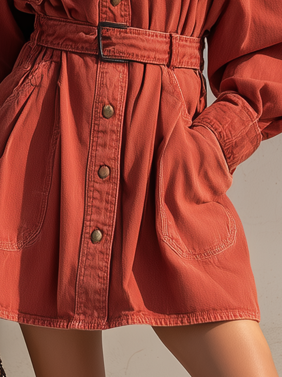 Retro American-style Lapel Button-front Lace-up Belted Workwear Denim Dress