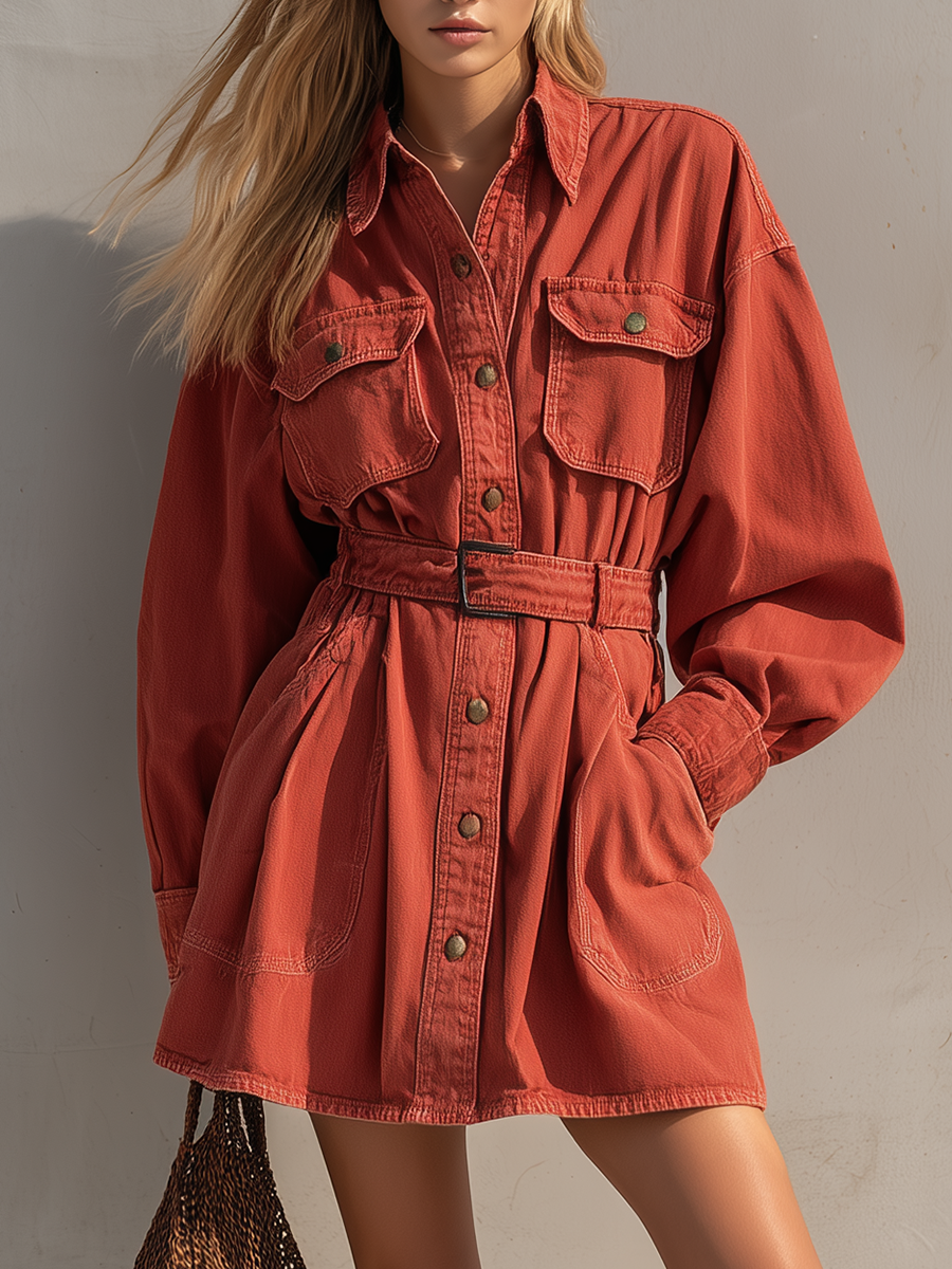 Retro American-style Lapel Button-front Lace-up Belted Workwear Denim Dress