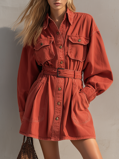 Retro American-style Lapel Button-front Lace-up Belted Workwear Denim Dress