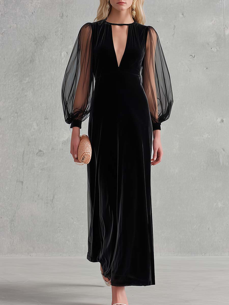 Elegant Black Velvet Mesh-Sleeve Keyhole Deep-V Long-Sleeve Maxi Dress