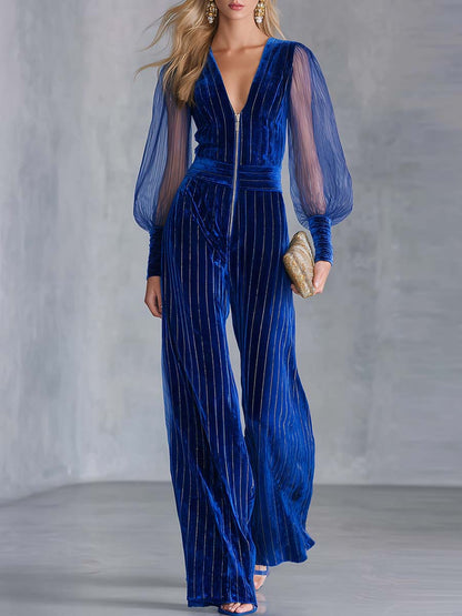 Glam Royal Blue Velvet Mesh-Sleeve Zip-Front Deep-V Wide-Leg Jumpsuit