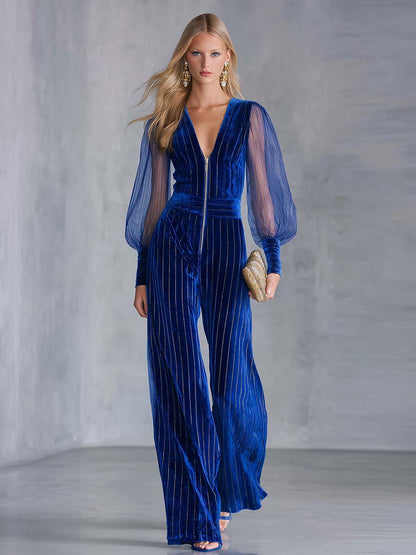 Glam Royal Blue Velvet Mesh-Sleeve Zip-Front Deep-V Wide-Leg Jumpsuit