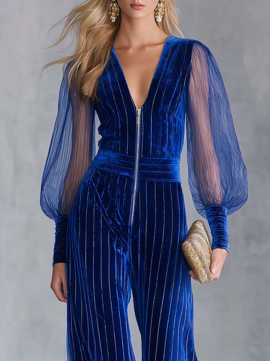 Glam Royal Blue Velvet Mesh-Sleeve Zip-Front Deep-V Wide-Leg Jumpsuit
